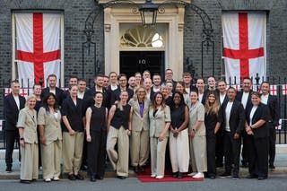 Members of the England Women’s football team pose for a photo in Downing Street (Lucy North/PA)